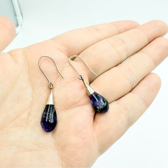 Tear Drop Shaped Amethyst Silver Tone Gemstone Long Earrings - Picture 4 of 5
